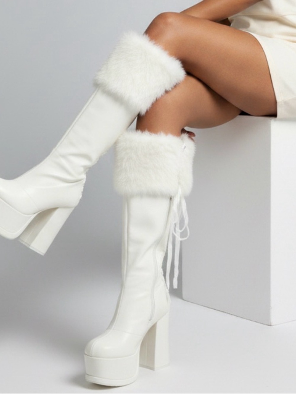 Sugar Thrillz White Platform Fur Trimmed Vegan Leather Laced Up Knee High Boots